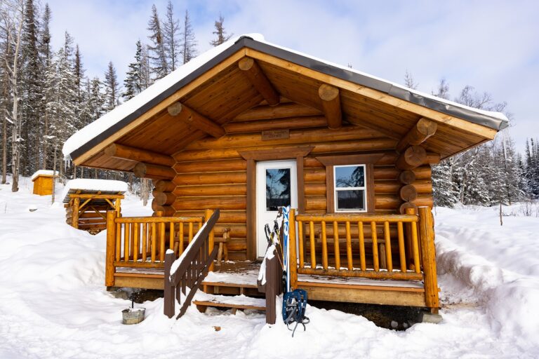雪の積もった屋根の小屋