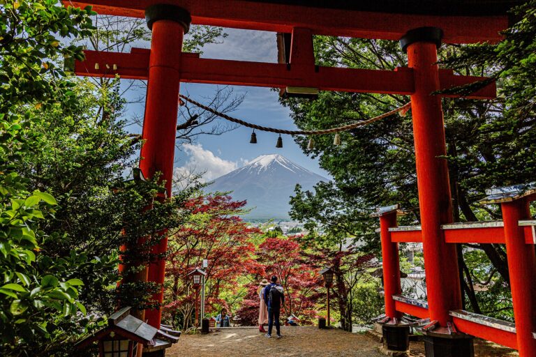 春の参道を歩く人