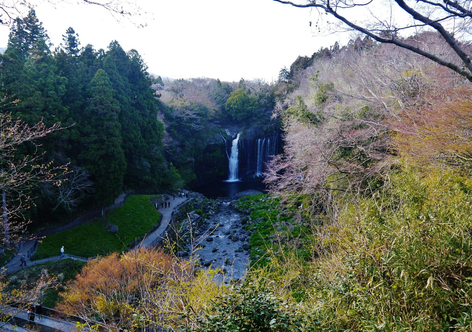 春の白糸の滝。崖の全面から水が落ちている