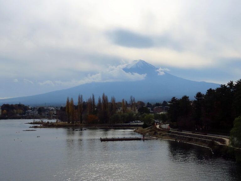 河口湖大橋と山。写真は冬で、山頂まで雪をかぶっている