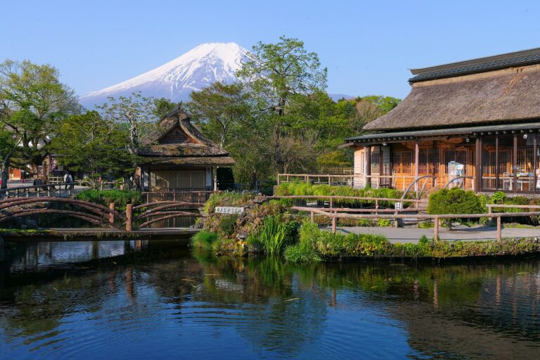 春の中池と茅葺きの家