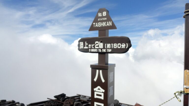 「八合 頂上まで2km(約180分)」の標識