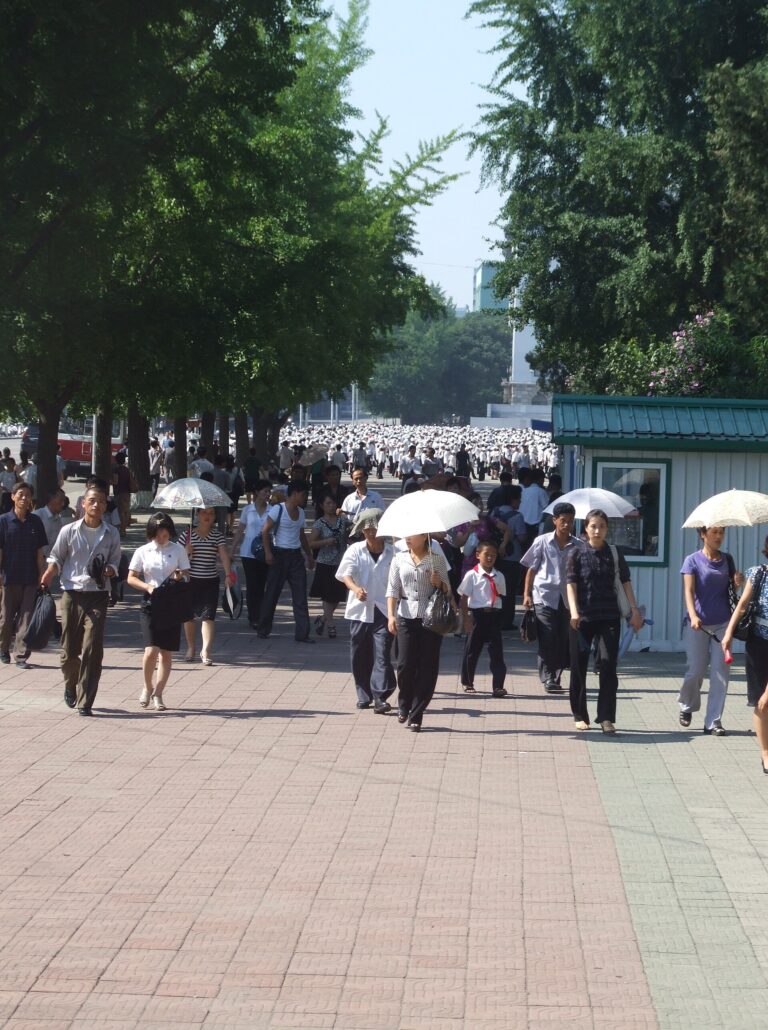 街路樹の並ぶ通りと人の列