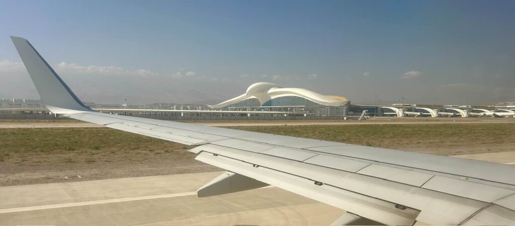 機内の窓から見た主翼と地上