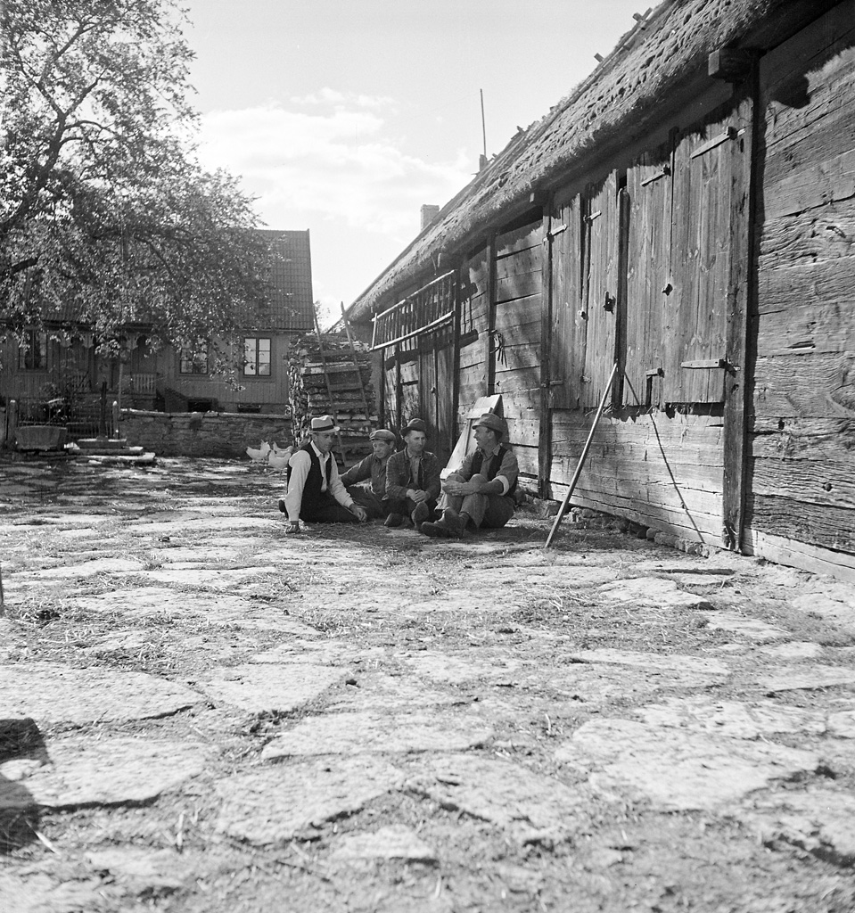 1945年のエーランド島ゲッスルンダの農家、中庭に座る人々と農家建物