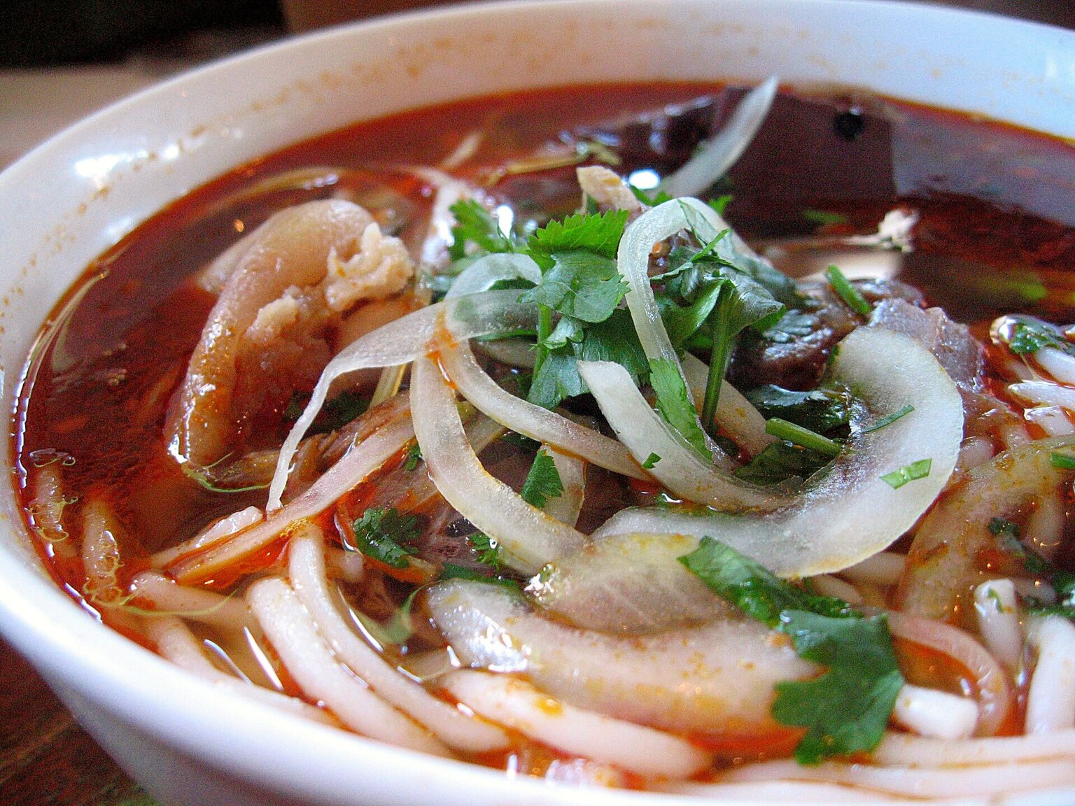 赤いスープに玉ねぎの薄切りと香草。麺と肉が沈んでいる寄りの写真