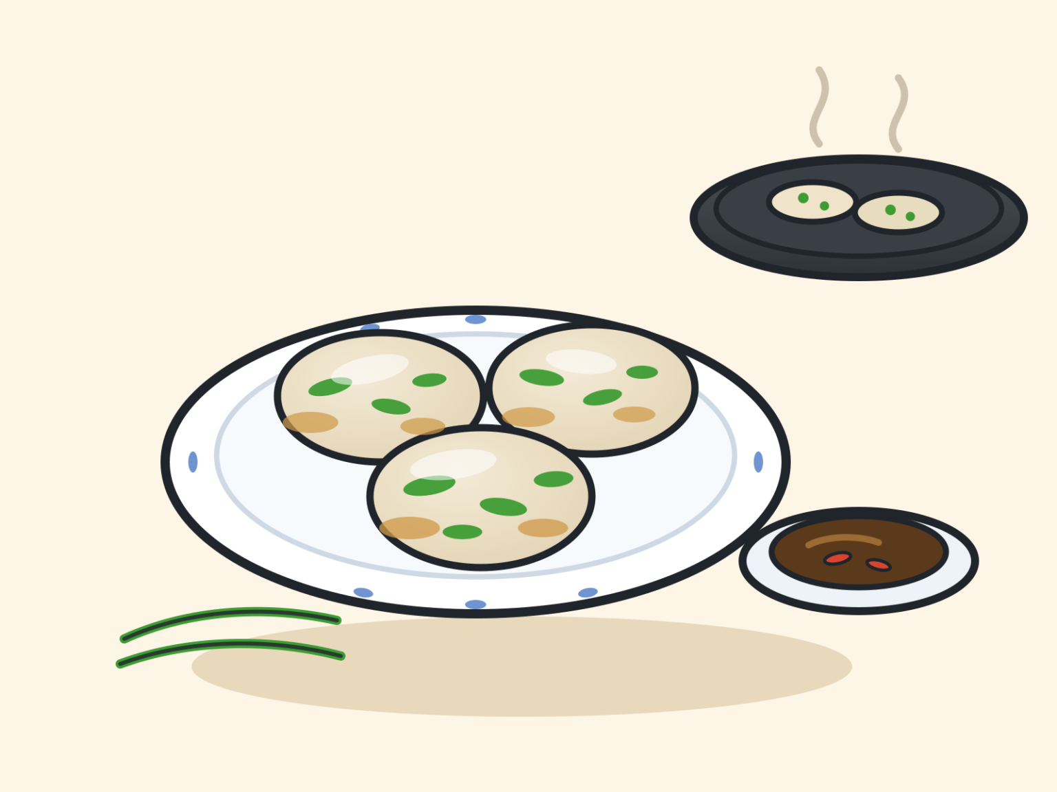 bánh hẹ のイラスト。ニラを透かした米粉の餅を鉄板で焼き、甘い醤油だれを添えたところ
