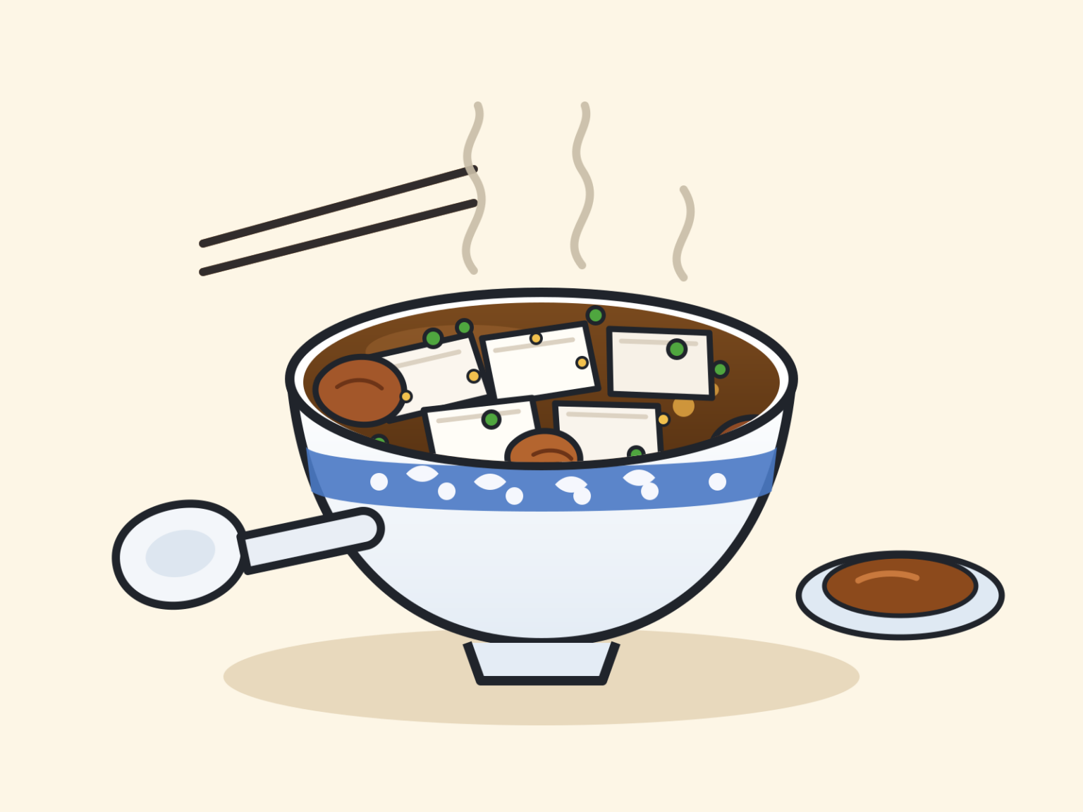 hủ tiếu hồ のイラスト。四角い米の皮と醤油煮のモツ、揚げニンニクと青ねぎ