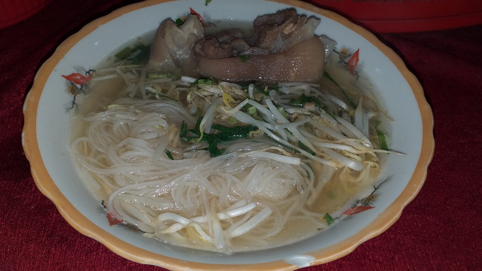 花柄の丼にフーティウ。透明なスープ、もやし、豚肉の塊