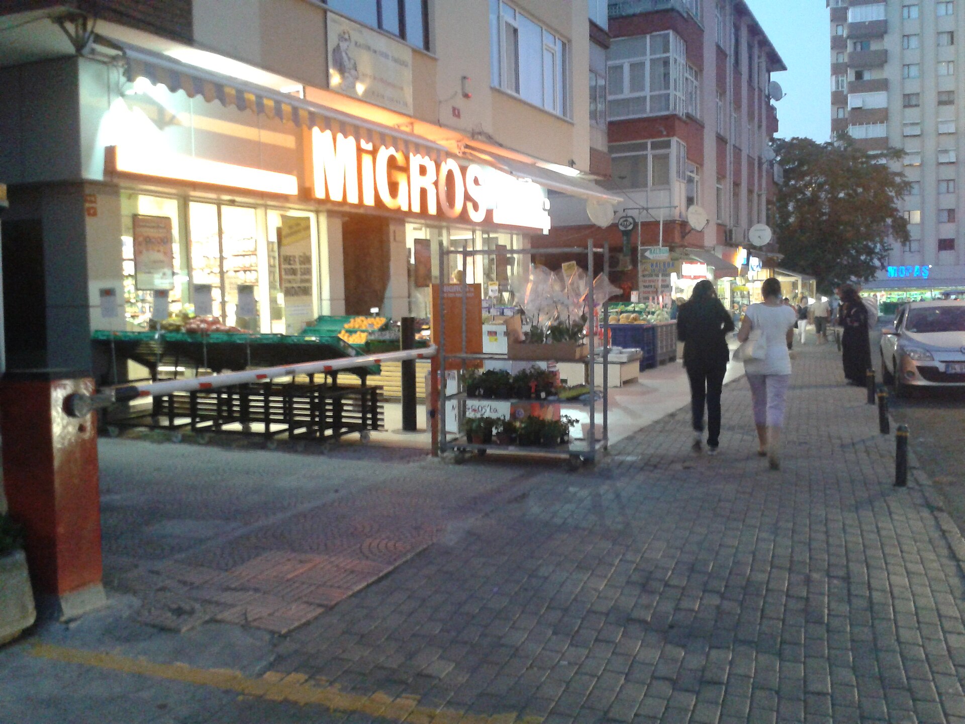 イスタンブールの通り沿いの Migros の店先、店頭に並ぶ果物と花