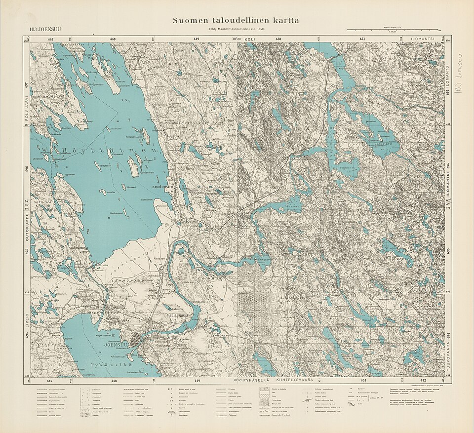 1940年刊行のフィンランド経済地図 10万分の1、ヨエンスー103号図。北カレリアの湖沼が水色で描かれている