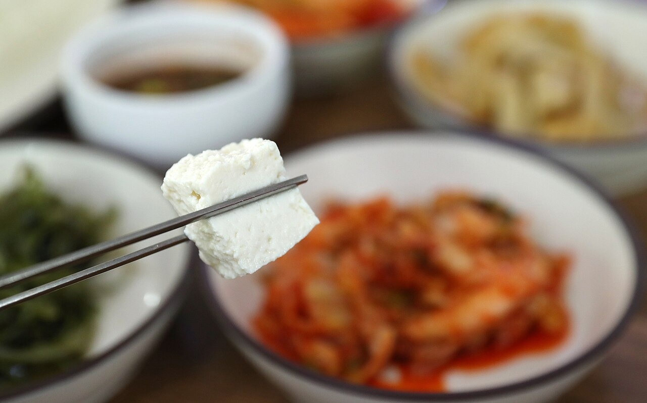 箸で持ち上げた草堂の豆腐。