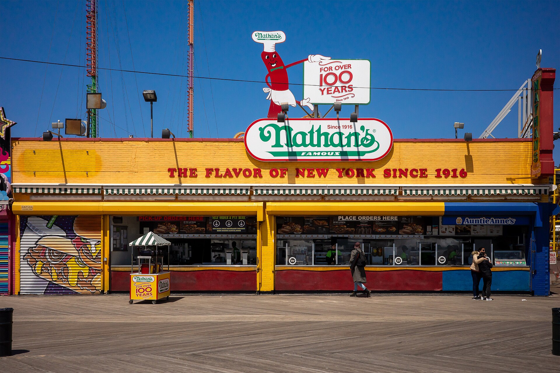 黄色い建物に Nathan's のロゴと創業100年の看板が立つコニーアイランドの本店