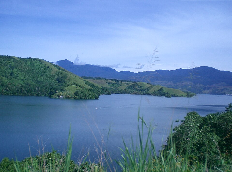 緑の丘に囲まれたセンタニ湖。湖畔にサゴ林が広がり、遠くに山並みが見える