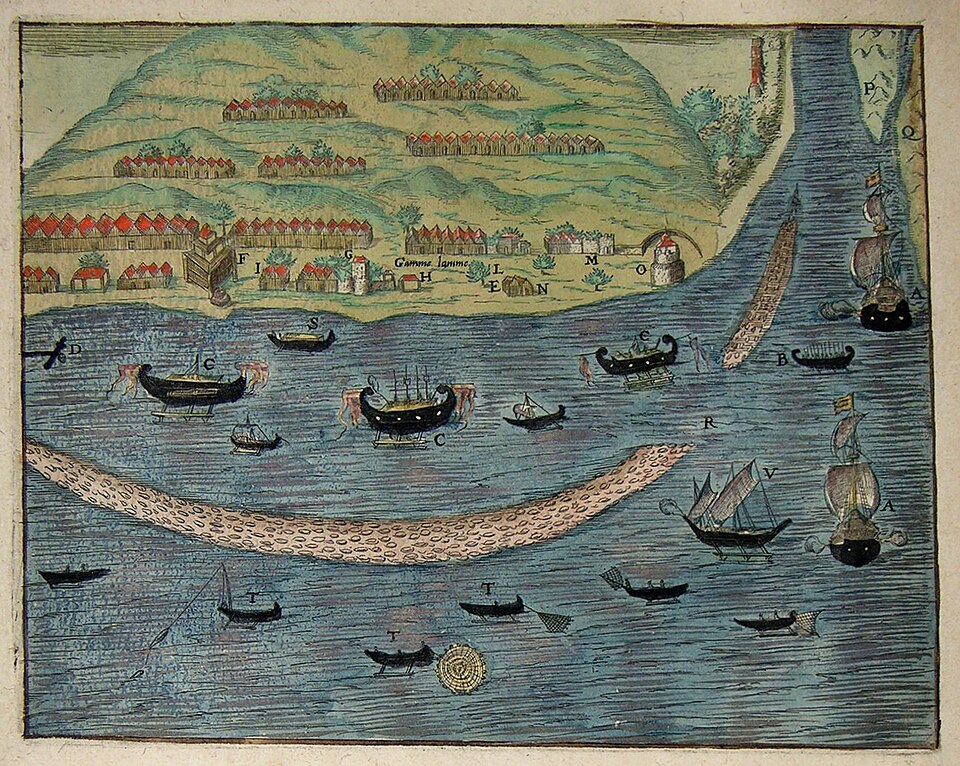 17世紀初頭にデ・ブライ兄弟が刊行した銅版画。テルナテ島ガマラマの町と湾に浮かぶ多数の船を描く