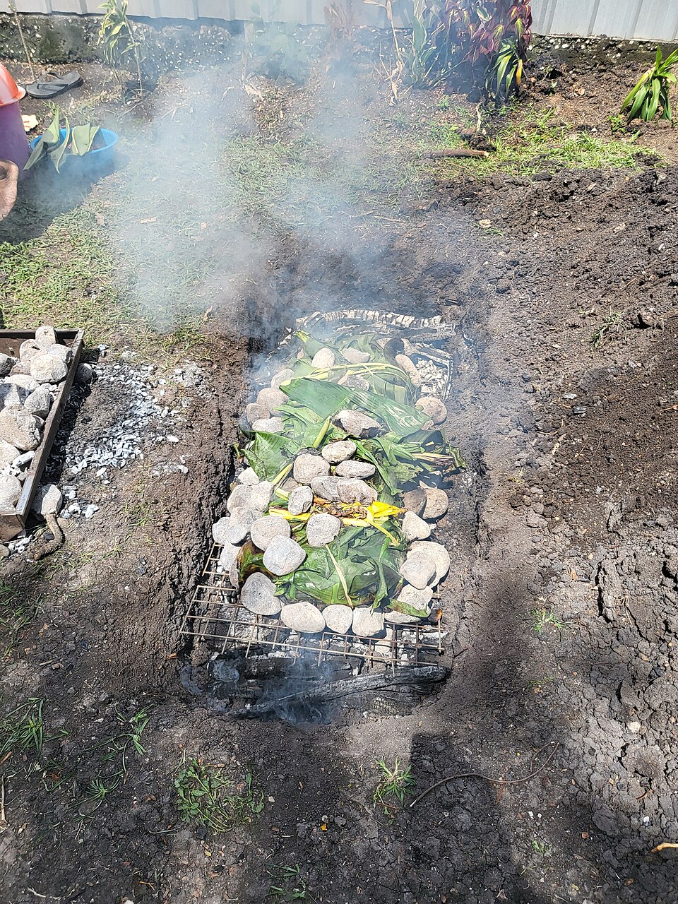 地面に掘った窯に焼け石を敷き、その上に葉と食材を並べたパプアニューギニアのムームー