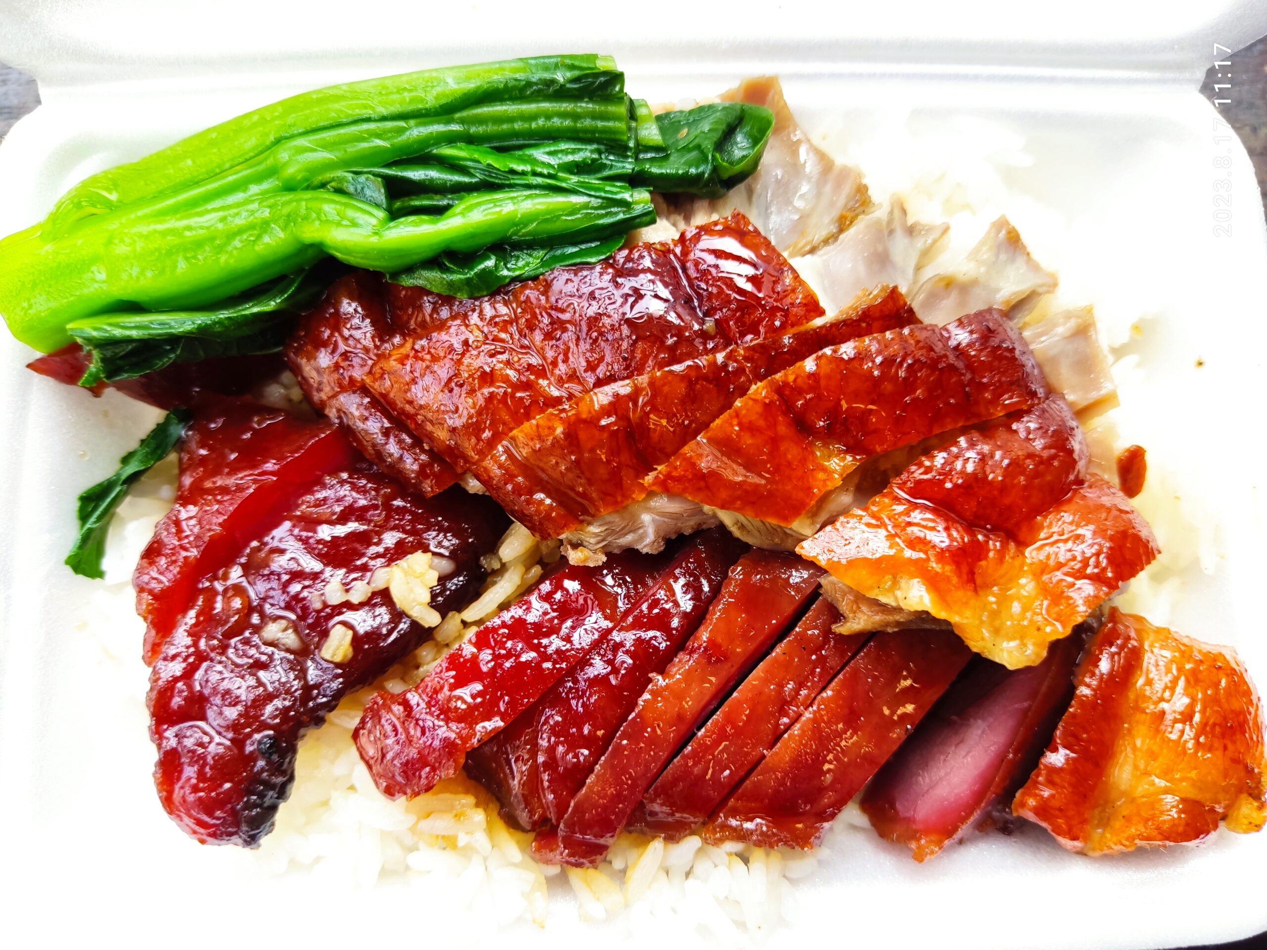 ご飯の上の焼鴨とチャーシュー、青菜