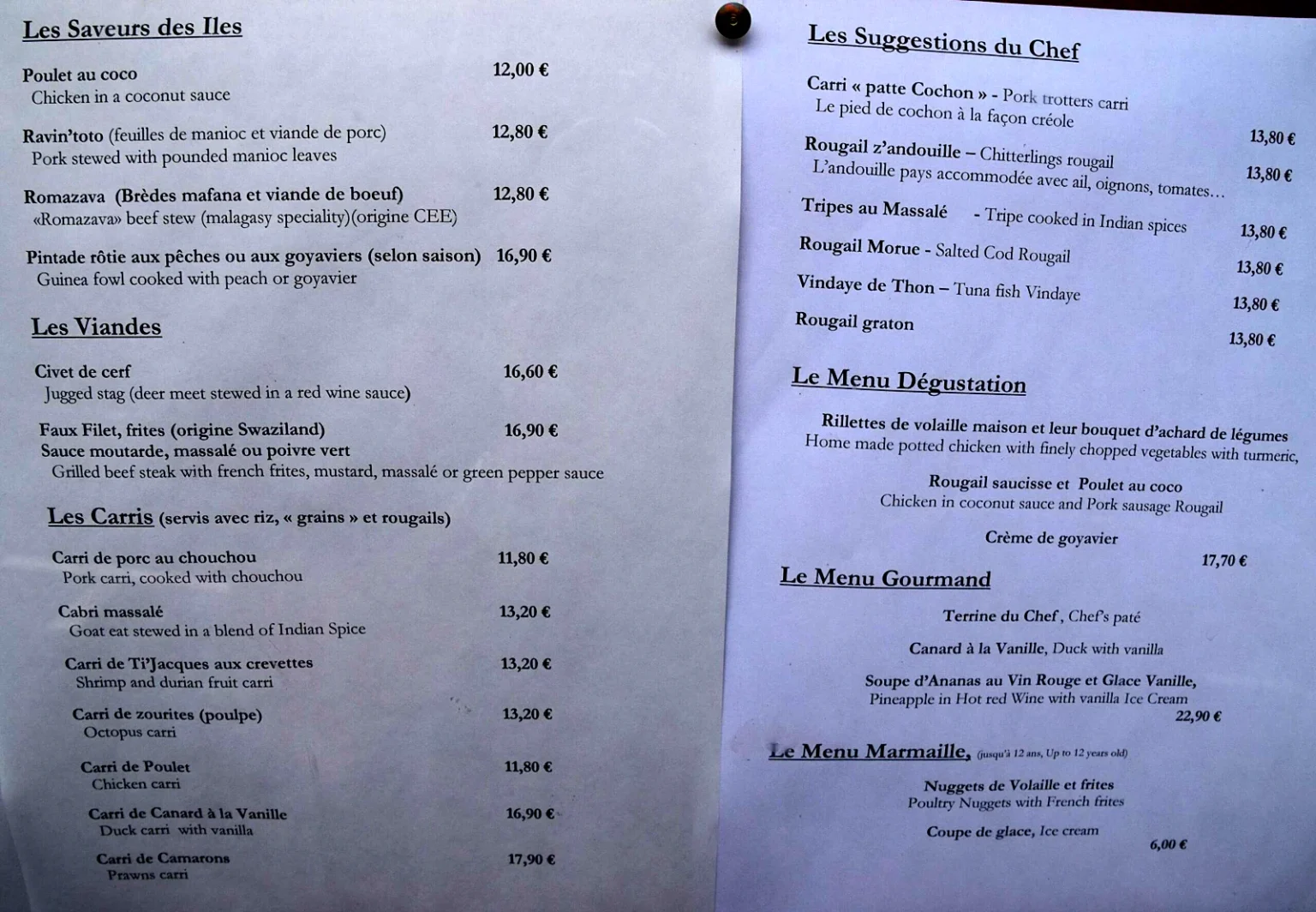 クレオール料理店の手書きメニュー表