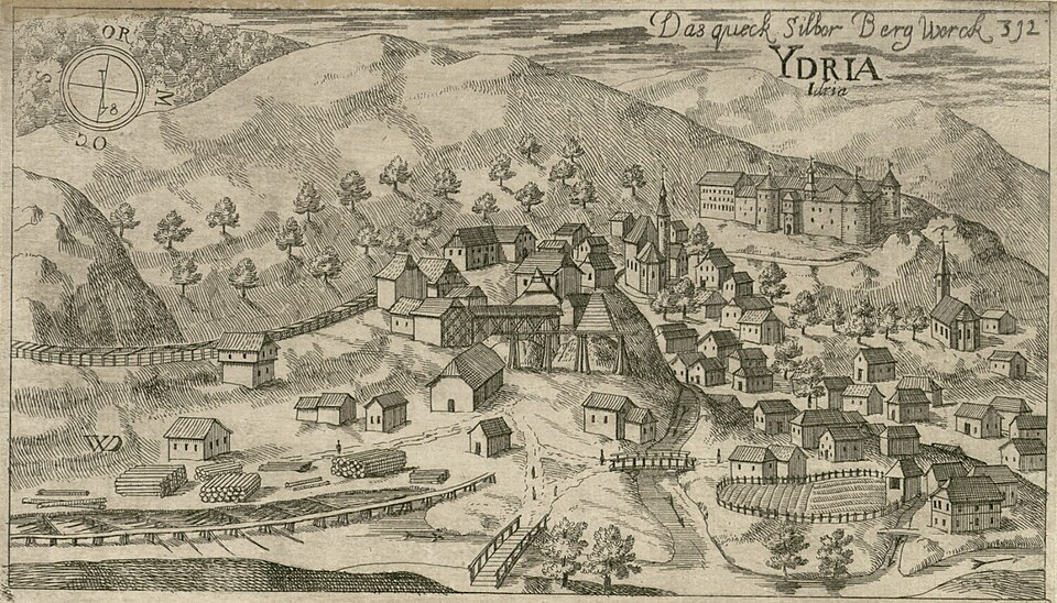 17世紀の銅版画に描かれたイドリヤの町と水銀鉱山の全景