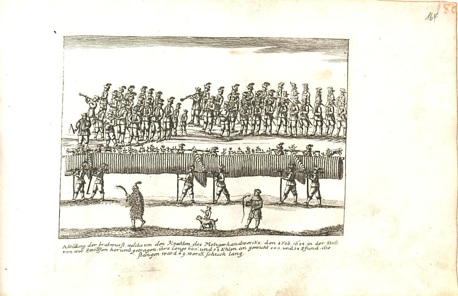 1709年の版画集『ニュルンベルクの飾り』より、長いブラートヴルストを担いで町を練り歩く肉屋の職人たち